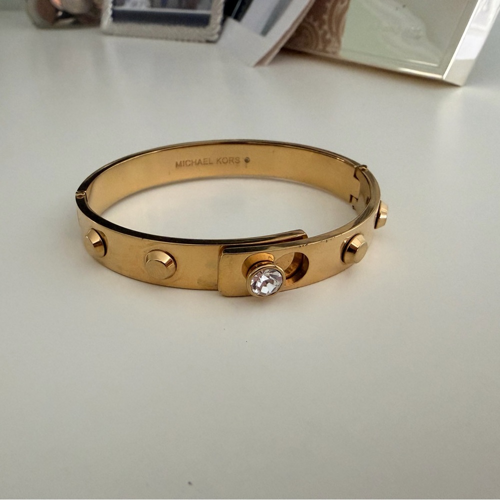 Michael Kors Gold Toned Crystal Screw-Accent Hinged Bracelet